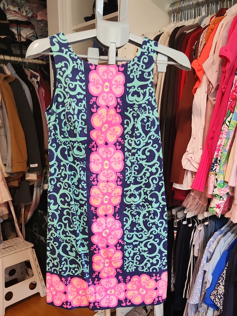 Lilly Pulitzer Navy Shift Dress with Pink & Aqua Scrolls